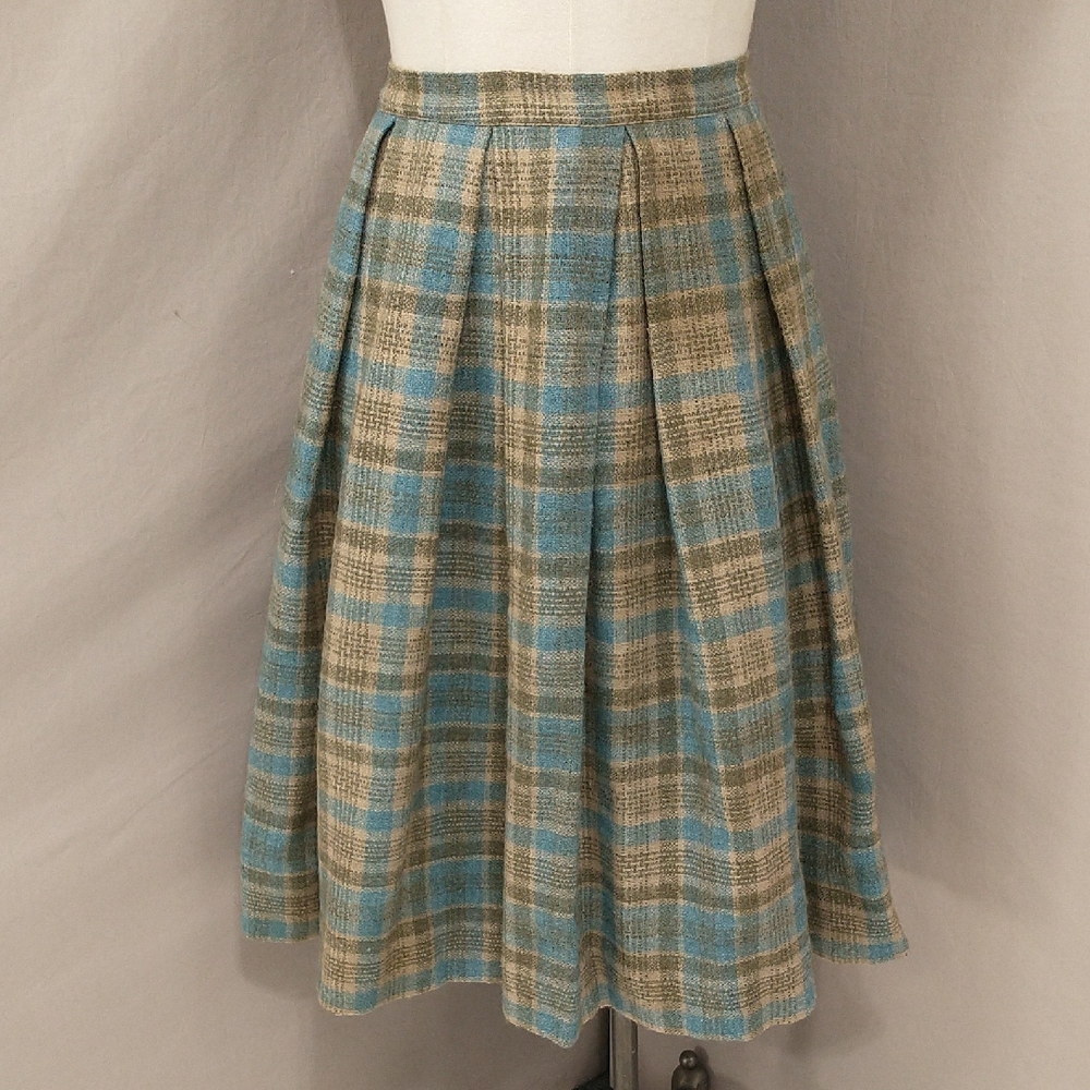 Vintage Wool Plaid Skirt Aqua Blue Tan Muted Olive Woven Midi 26" Long 50s 60s
